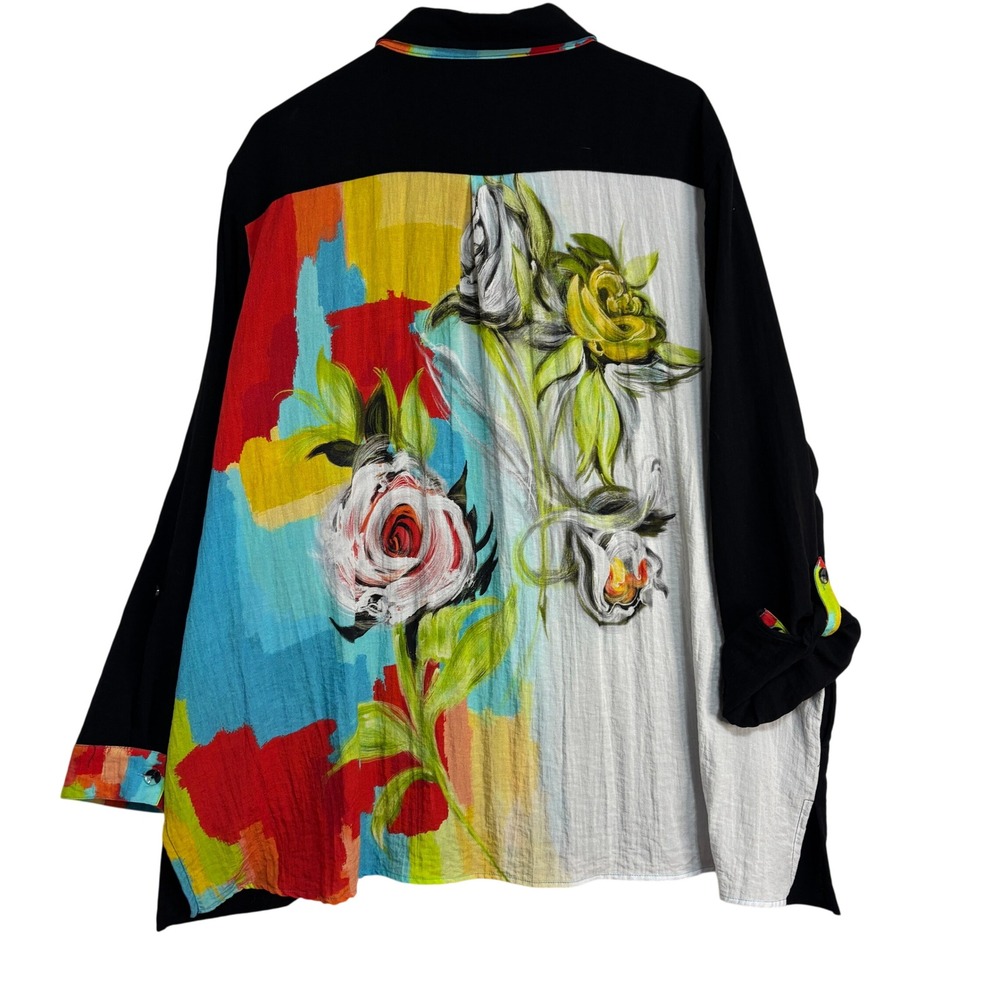 Multiples Button Up Top Black Floral Art to Wear Graphic Sequins Roll Tab 3X
